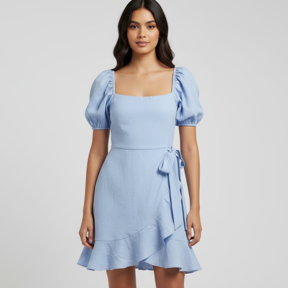 Trixxi Blue Puff Sleeve Mini Dress With Tie Waist & Ruffle Hem S